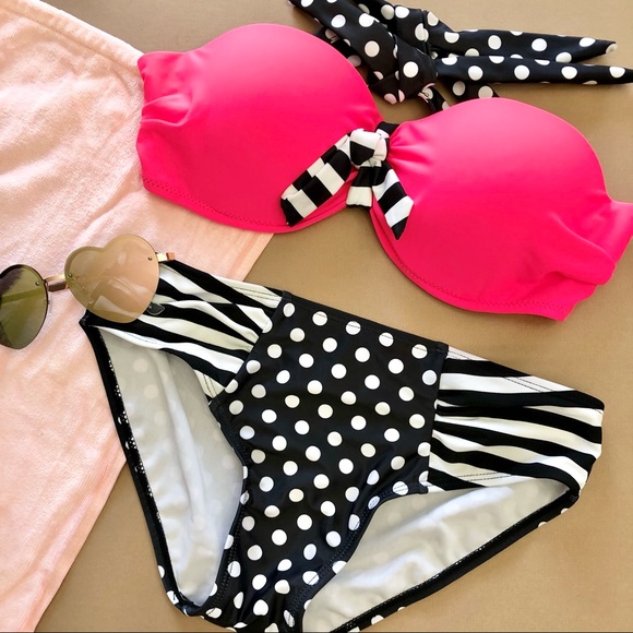Neon Pink Black & White Striped Polka Dot Bikini - Picture 1 of 8